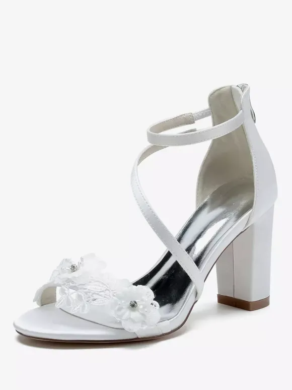 Chaussures de mariage en satin blanc brodé sandales de mariage à bout ouvert