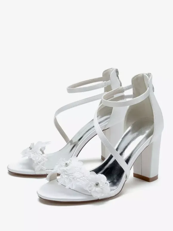 Chaussures de mariage en satin blanc brodé sandales de mariage à bout ouvert