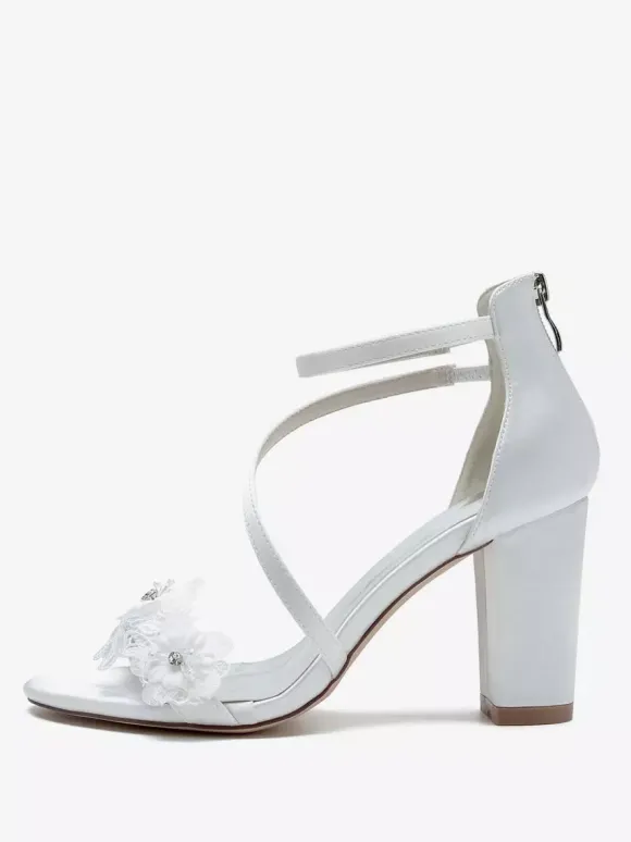 Chaussures de mariage en satin blanc brodé sandales de mariage à bout ouvert