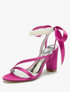 Chaussures de mariage en satin avec n艙uds blancs sandales de mariage à bout ouvert