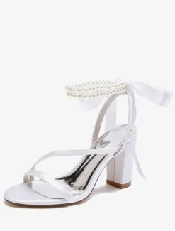 Chaussures de mariage en satin avec n艙uds blancs sandales de mariage à bout ouvert