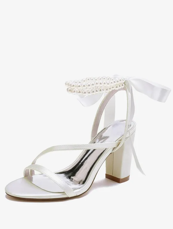 Chaussures de mariage en satin avec n艙uds blancs sandales de mariage à bout ouvert
