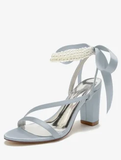 Chaussures de mariage en satin avec n艙uds blancs sandales de mariage à bout ouvert