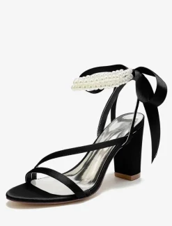 Chaussures de mariage en satin avec n艙uds blancs sandales de mariage à bout ouvert