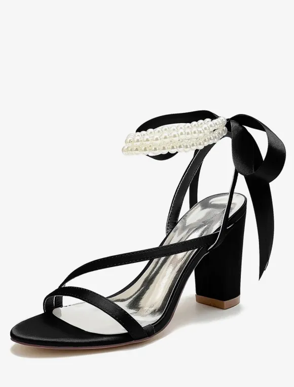 Chaussures de mariage en satin avec n艙uds blancs sandales de mariage à bout ouvert