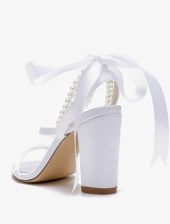 Chaussures de mariage en satin avec n艙uds blancs sandales de mariage à bout ouvert