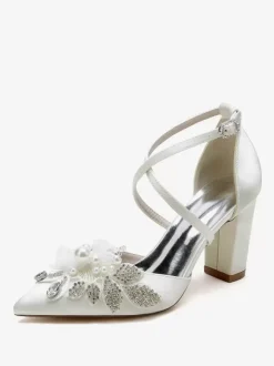 Chaussures De Mariage Escarpins De Mariée Satin Bout Pointu Strass Perle À Talon