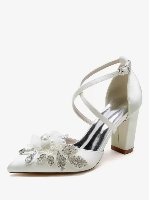 Chaussures De Mariage Escarpins De Mariée Satin Bout Pointu Strass Perle À Talon