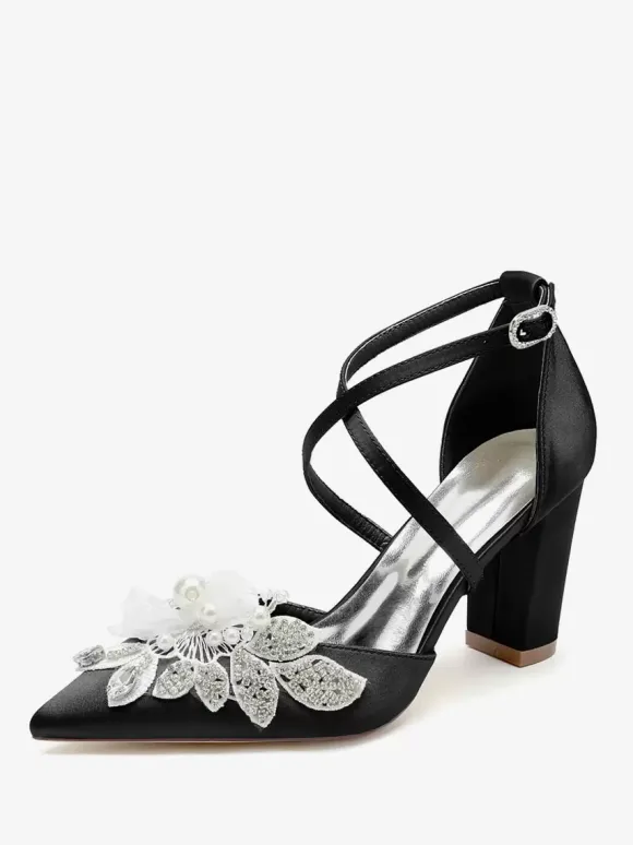 Chaussures De Mariage Escarpins De Mariée Satin Bout Pointu Strass Perle À Talon