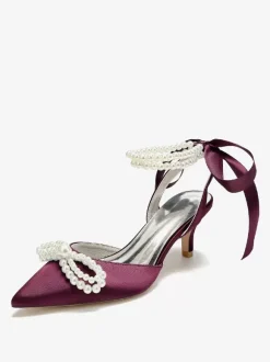Chaussures De Mariage Femme Perle Lacet N艙ud Escarpins De Mariée En Satin À Bout Pointu