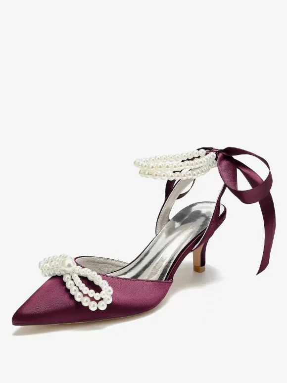 Chaussures De Mariage Femme Perle Lacet N艙ud Escarpins De Mariée En Satin À Bout Pointu