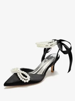Chaussures De Mariage Femme Perle Lacet N艙ud Escarpins De Mariée En Satin À Bout Pointu