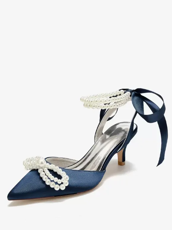 Chaussures De Mariage Femme Perle Lacet N艙ud Escarpins De Mariée En Satin À Bout Pointu