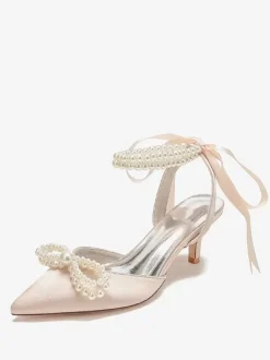 Chaussures De Mariage Femme Perle Lacet N艙ud Escarpins De Mariée En Satin À Bout Pointu