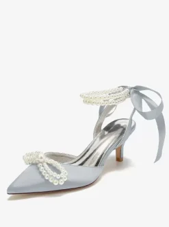 Chaussures De Mariage Femme Perle Lacet N艙ud Escarpins De Mariée En Satin À Bout Pointu