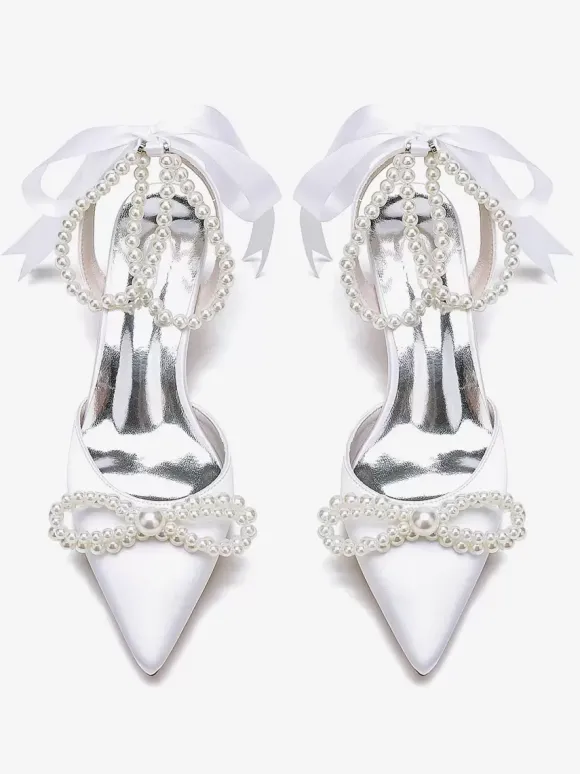 Chaussures De Mariage Femme Perle Lacet N艙ud Escarpins De Mariée En Satin À Bout Pointu