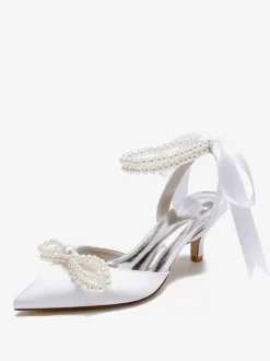 Chaussures De Mariage Femme Perle Lacet N艙ud Escarpins De Mariée En Satin À Bout Pointu