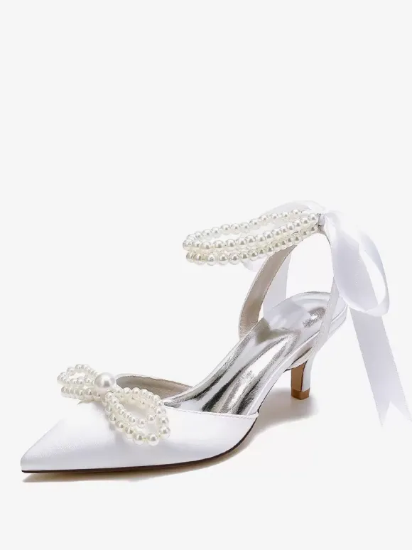 Chaussures De Mariage Femme Perle Lacet N艙ud Escarpins De Mariée En Satin À Bout Pointu
