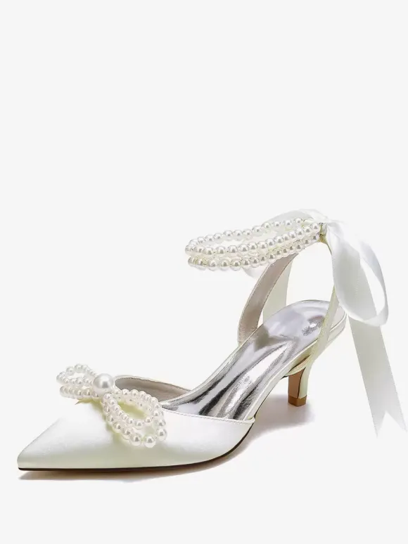 Chaussures De Mariage Femme Perle Lacet N艙ud Escarpins De Mariée En Satin À Bout Pointu