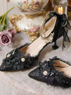 Chaussures de mariage gothiques Lolita noires à volants fleurs chaînes talons aiguilles