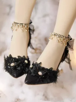 Chaussures de mariage gothiques Lolita noires à volants fleurs chaînes talons aiguilles