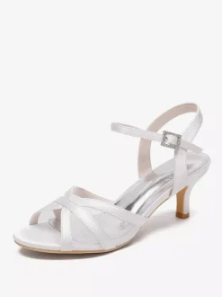 Chaussures de mariage ivoire en satin et maille à bout ouvert talon chaton chaussures d'invité de mariage