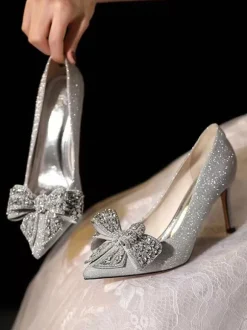 Chaussures De Mariage N艙ud Femme Paillettes Argent Bout Pointu Talon Aiguille Chaussures De Soirée