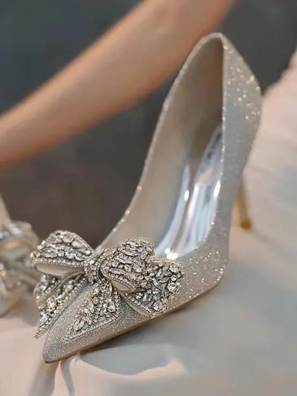 Chaussures De Mariage N艙ud Femme Paillettes Argent Bout Pointu Talon Aiguille Chaussures De Soirée