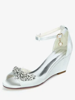 Chaussures de mariage perles de satin ivoire bout ouvert bride à la cheville talon compensé chaussures de mariée