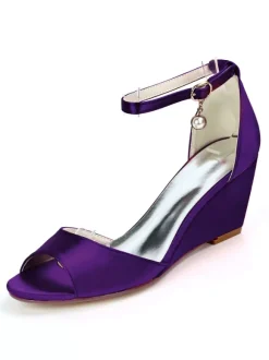 Chaussures de mariage perles de satin ivoire bout ouvert bride à la cheville talon compensé chaussures de mariée