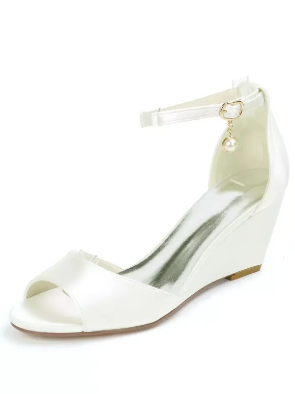 Chaussures de mariage perles de satin ivoire bout ouvert bride à la cheville talon compensé chaussures de mariée