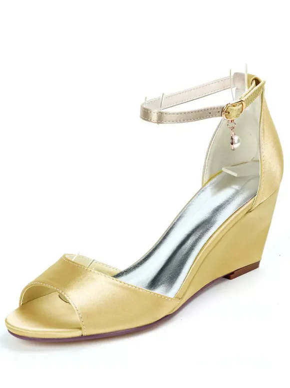 Chaussures de mariage perles de satin ivoire bout ouvert bride à la cheville talon compensé chaussures de mariée