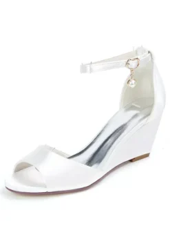 Chaussures de mariage perles de satin ivoire bout ouvert bride à la cheville talon compensé chaussures de mariée