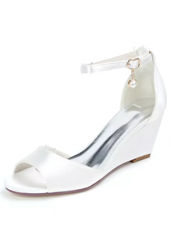 Chaussures de mariage perles de satin ivoire bout ouvert bride à la cheville talon compensé chaussures de mariée