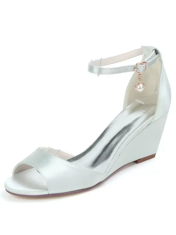 Chaussures de mariage perles de satin ivoire bout ouvert bride à la cheville talon compensé chaussures de mariée