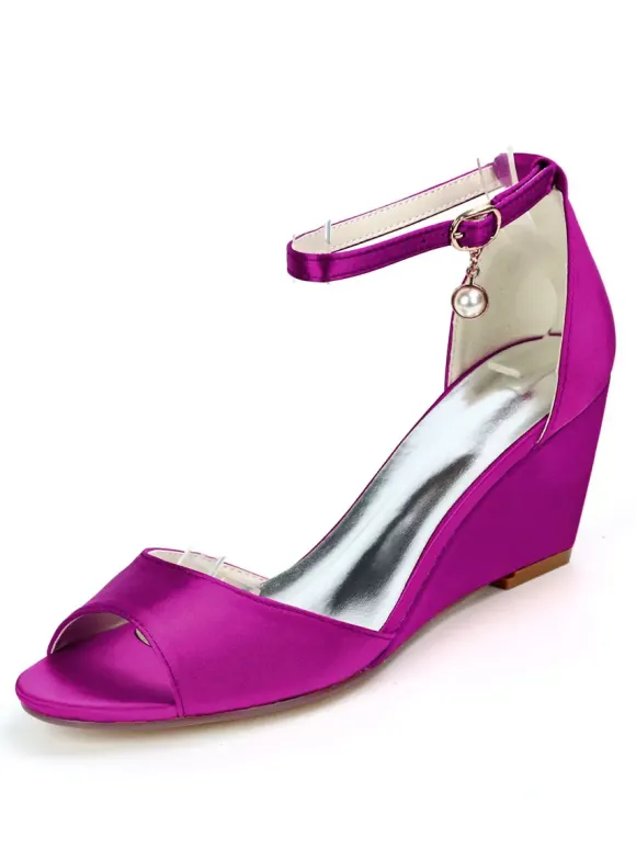 Chaussures de mariage perles de satin ivoire bout ouvert bride à la cheville talon compensé chaussures de mariée