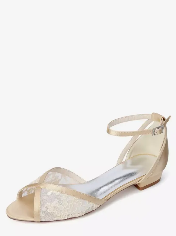 Chaussures de mariage plates en dentelle bout ouvert bride à la cheville