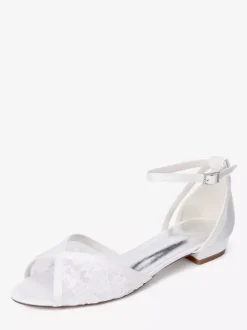 Chaussures de mariage plates en dentelle bout ouvert bride à la cheville