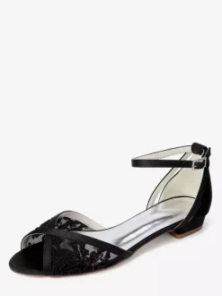 Chaussures de mariage plates en dentelle bout ouvert bride à la cheville