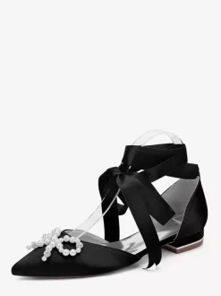 Chaussures de mariage plates à lacets avec n艙ud et perles