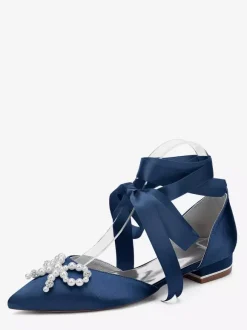Chaussures de mariage plates à lacets avec n艙ud et perles