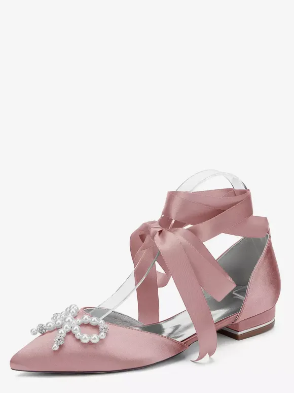 Chaussures de mariage plates à lacets avec n艙ud et perles