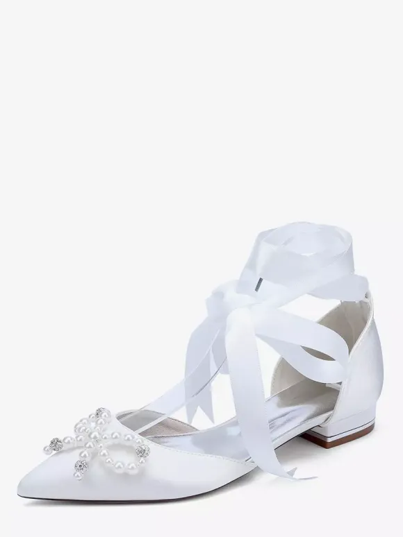 Chaussures de mariage plates à lacets avec n艙ud et perles