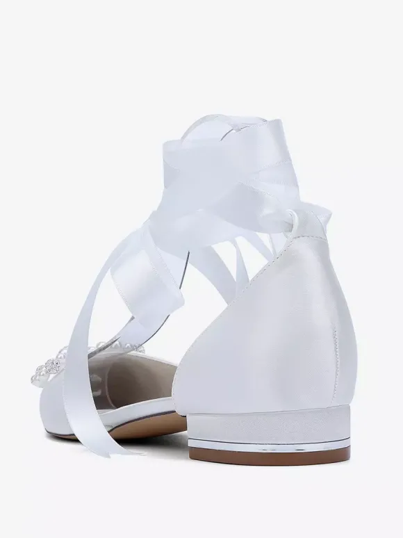 Chaussures de mariage plates à lacets avec n艙ud et perles