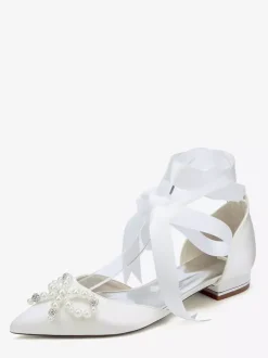 Chaussures de mariage plates à lacets avec n艙ud et perles