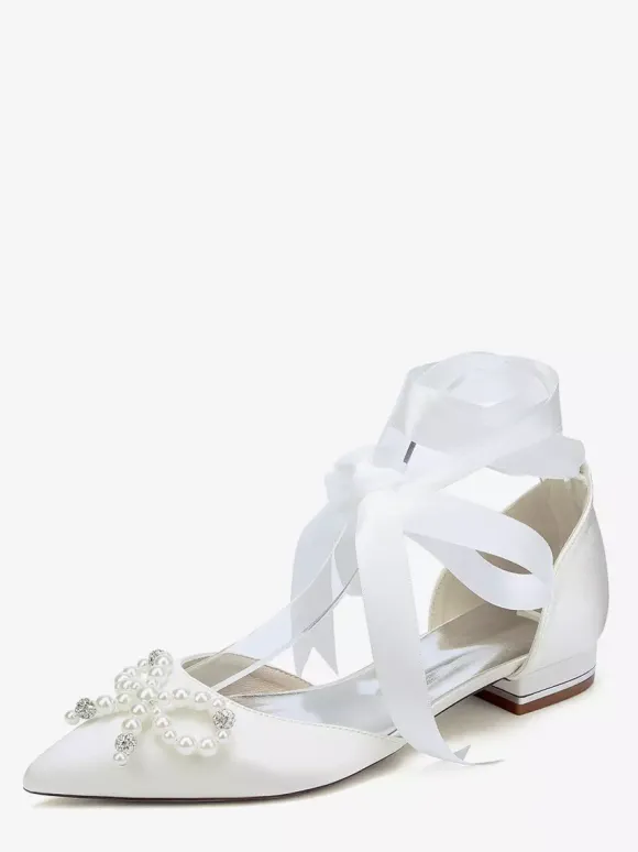 Chaussures de mariage plates à lacets avec n艙ud et perles