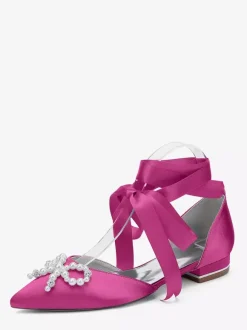 Chaussures de mariage plates à lacets avec n艙ud et perles