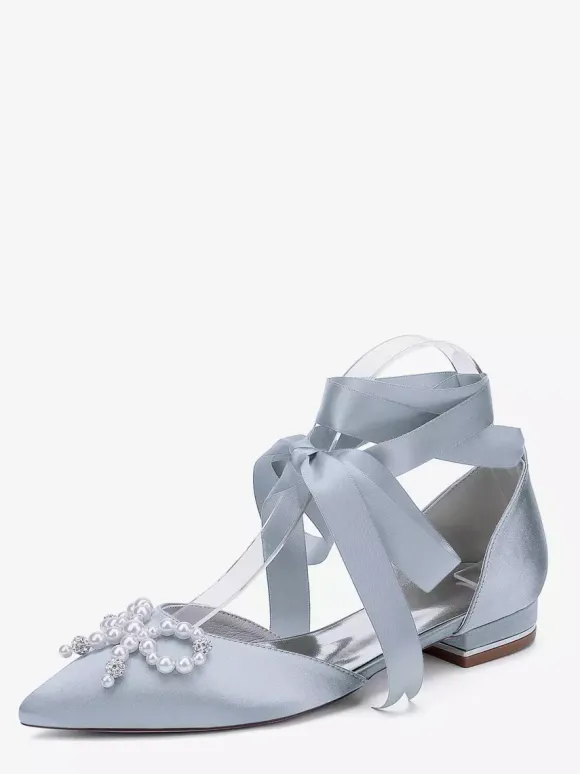 Chaussures de mariage plates à lacets avec n艙ud et perles