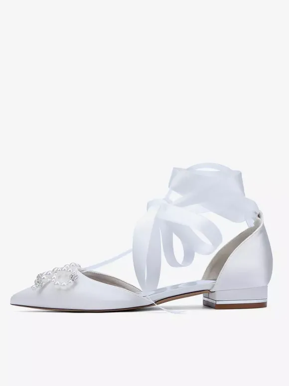 Chaussures de mariage plates à lacets avec n艙ud et perles