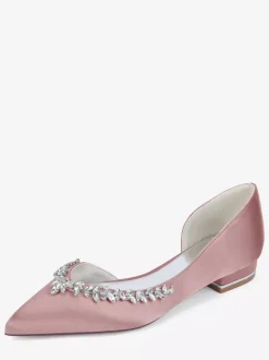 Chaussures de mariage plates ivoire en satin à bout pointu et strass